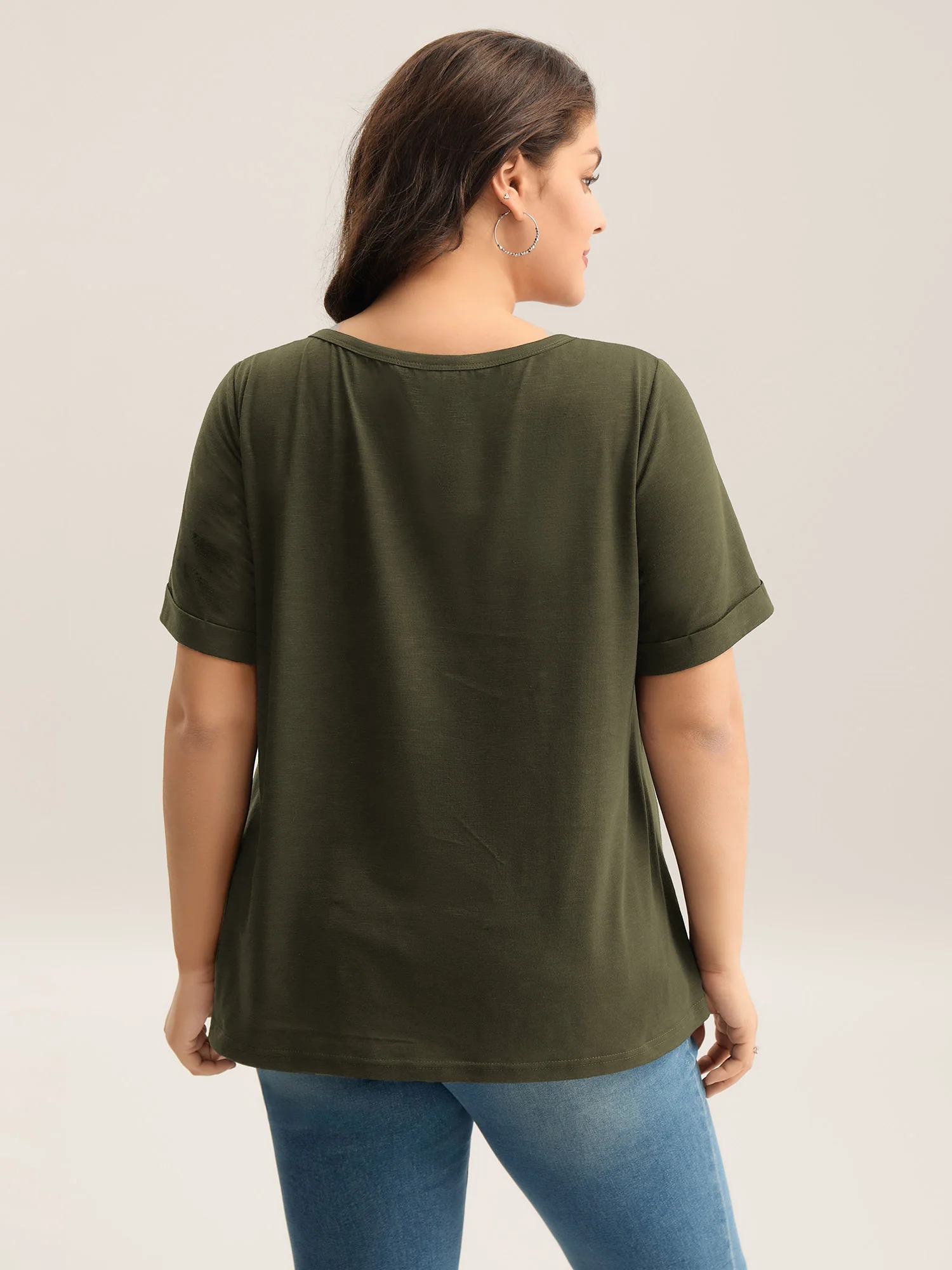 Split Neck Button Detail Short Sleeve T-Shirt Patch Pocket - Image 3