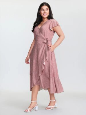 Polka Dot Ruffle Hem Waist Tie Midi Dress Overlap Collar Side Pocket